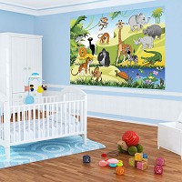Дитячі флізелінові фотошпалери 368x280 см Радісні звірята у джунглях (11411V10) +клей