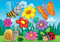 Флизелиновые детские фотообои 416x290 см Жучки и бабочки возле ярких цветов (11413VEXXXXL) +клей - вид 1 миниатюра