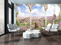 Город флизелиновые фотообои 368x280 см Пейзаж Парижа с цветочной террасы (11417V10) +клей