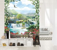 Флизелиновые 3D фото обои на стену птички 184x254 см Водопад за цветочной оградой 11427V4A+клей