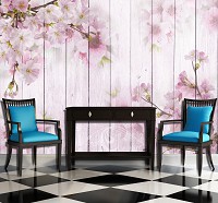 Флизелиновые моющиеся фото обои под дерево 254x184 см Вишневые цветы на досках (11468V4)+клей