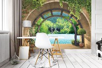 Флизелиновые фотообои 3Д Озеро и лес за аркой (11555V)+клей
