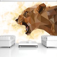 Флизелиновые фотообои животные коты 368x254 см Львица готовая напасть в профиль на светлом фоне (11558V8) +клей