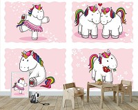 Детские для девочек флизелиновые фотообои 368x280 см Коллаж из милых единорогов на розовом фоне (11586V10) +клей