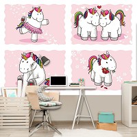 Флізелінові фотошпалери в інтер'єрі дитячі для дівчаток 416x290 см Колаж з милий єдиноріг на рожевий фон (11586VEXXXXL) +клей