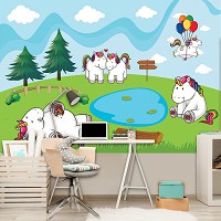 Флізелінові фотошпалери дитячі для дівчаток 416x290 см Група єдинорогів на пікніку в парку (11587VEXXXXL) +клей