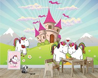 Флізелінові фотошпалери дитячі для маленьких дівчаток 416x290 см Милі єдинороги на фоні замку (11606VEXXXXL) +клей