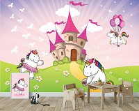 Детские для маленьких флизелиновые фотообои 416x290 см Для девочек - Единороги около замка (11607VEXXXXL) +клей
