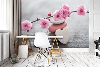 Флизелиновые 3д фотообои 368x280 см Ветка японской вишни на камнях (11620V10) +клей