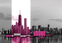 Зал с флизелиновыми фотообоями 254x184 см Небоскребы в городе розовый с черно-белым (1172V4)+клей