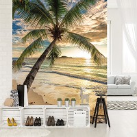 Флизелиновые 3д фотообои с видом моря 206x275 см Закат солнца на пляже с пальмами (11732VEA) +клей