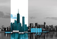 Над кроватью флизелиновые фотообои в спальню 254x184 см Небоскребы в городе синий с черно-белым (1173V4)+клей