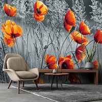 Флизелиновые фотообои с природой 254x184 см Серое поле и красные маки (11746V4)+клей