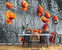 Фотообои флизелиновые цветы 416x254 см Серое поле и красные маки (11746VEXXXL)+клей