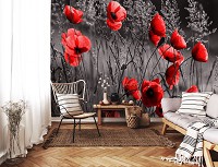 Флизелиновые фото обои цветы на черном фоне 254x184 см Красные маки (11763V4)+клей