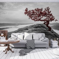 Флизелиновые 3D фото обои природа 312x219 см Красное дерево на скале (11771VEXXL)+клей