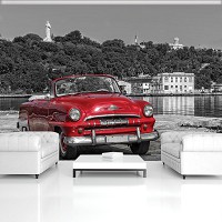 Флизелиновые фотообои с городом на кухню 3d Старая красная машина (11859V)+клей