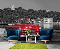 Черно-белые флизелиновые фотообои город 368x254 см 3d Старая красная машина (11859V8) +клей