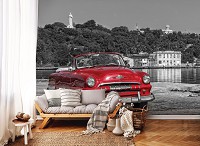 Черно-белые флизелиновые фотообои город 312x219 см 3d Старая красная машина (11859VEXXL) +клей
