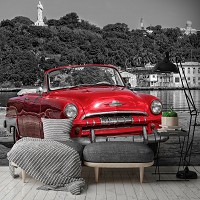 Черно-белые флизелиновые фотообои город 416x254 см 3d Старая красная машина (11859VEXXXL) +клей