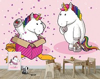Розовые флизелиновые фотообои детские для девочек 312x219 см Единороги - С Днем Рождения (11879VEXXL) +клей