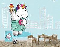 Детские флизелиновые фотообои для стен Единорог на голубом фоне (11884V)+клей