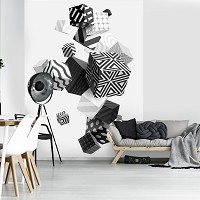 Флізелінові фото шпалери геометричним малюнком 206x275 см 3D Чорно-білі кубики у невагомості (11906VEA)+клей - вид 6 мініатюра