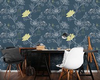 Флизелиновые фотообои в спальню 416x290 см Абстракция светло желтые цветы на синем фоне (11917VEXXXXL) +клей