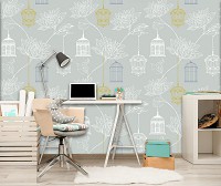 Флизелиновые фото обои на стену птички 254x184 см Абстракция Клетка Орнаменты Листья (11918V4)+клей