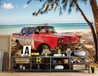 Флизелиновые 3д фотообои морская тематика 312x219 см Старая красная машина на пляже (11981VEXXL) +клей