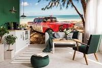 Морские флизелиновые 3д фотообои на стену 416x254 см Старая красная машина на пляже (11981VEXXXL) +клей
