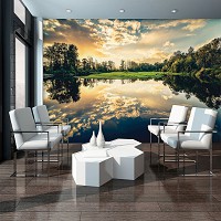 Флізелінові 3Д фото шпалери весна у лісі 254x184 см Захід сонця -Тихе озеро (12024V4)+клей