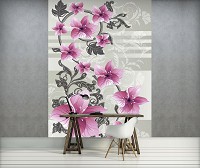 Над кроватью флизелиновые фотообои в спальню 206x275 см Розовые цветы на вензелях (1204VEA)+клей