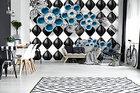 3 д флизелиновые фотообои 368x280 см Эксклюзивный дизайн Синие цветы и черно-белый фон (12057V10) +клей