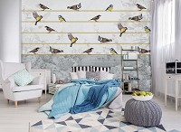 Флизелиновые фотообои на кухню 312x219 см Птицы на золотой нитке на сером фоне (12062VEXXL) +клей