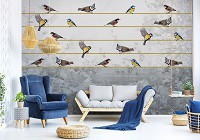 Флизелиновые фотообои на стену 416x254 см Птицы на золотой нитке на сером фоне (12062VEXXXL) +клей