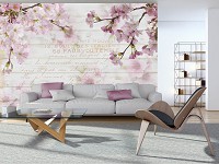 Флизелиновые фотообои с природой в интерьере цветы 368х254 см Ветки сакуры на фоне досок (12064V8)+клей