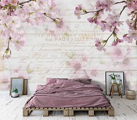 Флизелиновые фотообои цветы 368x280 см Ветки сакуры на фоне досок (12064V10) +клей