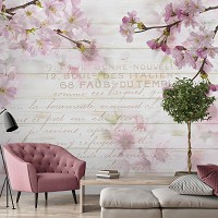 Флизелиновые фотообои дерево на стену цветы 312x219 см Ветки сакуры на фоне досок (12064VEXXL) +клей