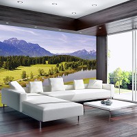 Флизелиновые фотообои с облаками 368x254 см Пейзаж озеро лес и горы (12095V8) +клей