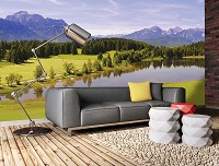 Флизелиновые фотообои в гостиную природа 416x290 см Пейзаж озеро лес и горы (12095VEXXXXL) +клей
