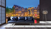 Флизелиновые 3д фотообои на стену улицы 416x254 см Ночной город Амстердам (12110VEXXXL) +клей