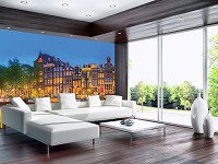 Флизелиновые 3д фотообои в спальню над кроватью улицы 416x290 см Ночной город Амстердам (12110VEXXXXL) +клей