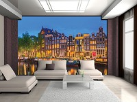 Флизелиновые 3д фотообои в спальню улицы 520x318 см Ночной город Амстердам (12110VEXXXXXL) +клей