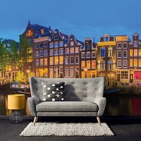 Флизелиновые 3д фотообои улицы 368x254 см Ночной город Амстердам (12110V8) +клей