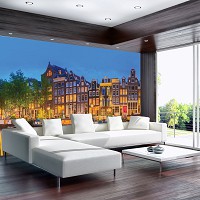 Флизелиновые 3д фотообои в спальню улицы 312x219 см Ночной город Амстердам (12110VEXXL) +клей