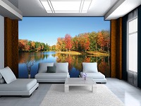 Флизелиновые 3D фотообои на стену 254x184 см Осенний лес за озером (12113V4)+клей