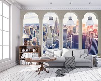 Флизелиновые фотообои город небоскребы 312x219 см 3Д Нью-Йорк за колоннами (12120VEXXL) +клей