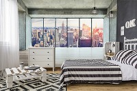 Флизелиновые фотообои в спальню город небоскребы 312x219 см 3Д Вид из большого окна на Нью-Йорк (12121VEXXL) +клей