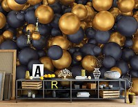 Флизелиновые 3д фотообои для стен круги 416x290 см Золотые и черные шары (12123VEXXXXL) +клей